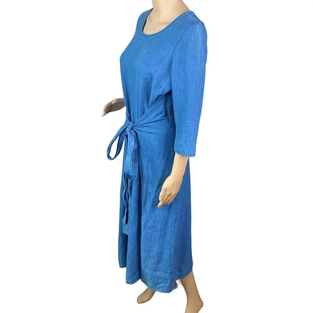 Caron Callahan Hester Denim Wrap Dress Indigo Cotton Pleated Midi Utilitarian M